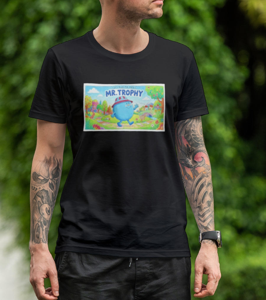 Sky Blue Mr. Men Mr. Trophy Character In Colorful Landscape Scene T-Shirt