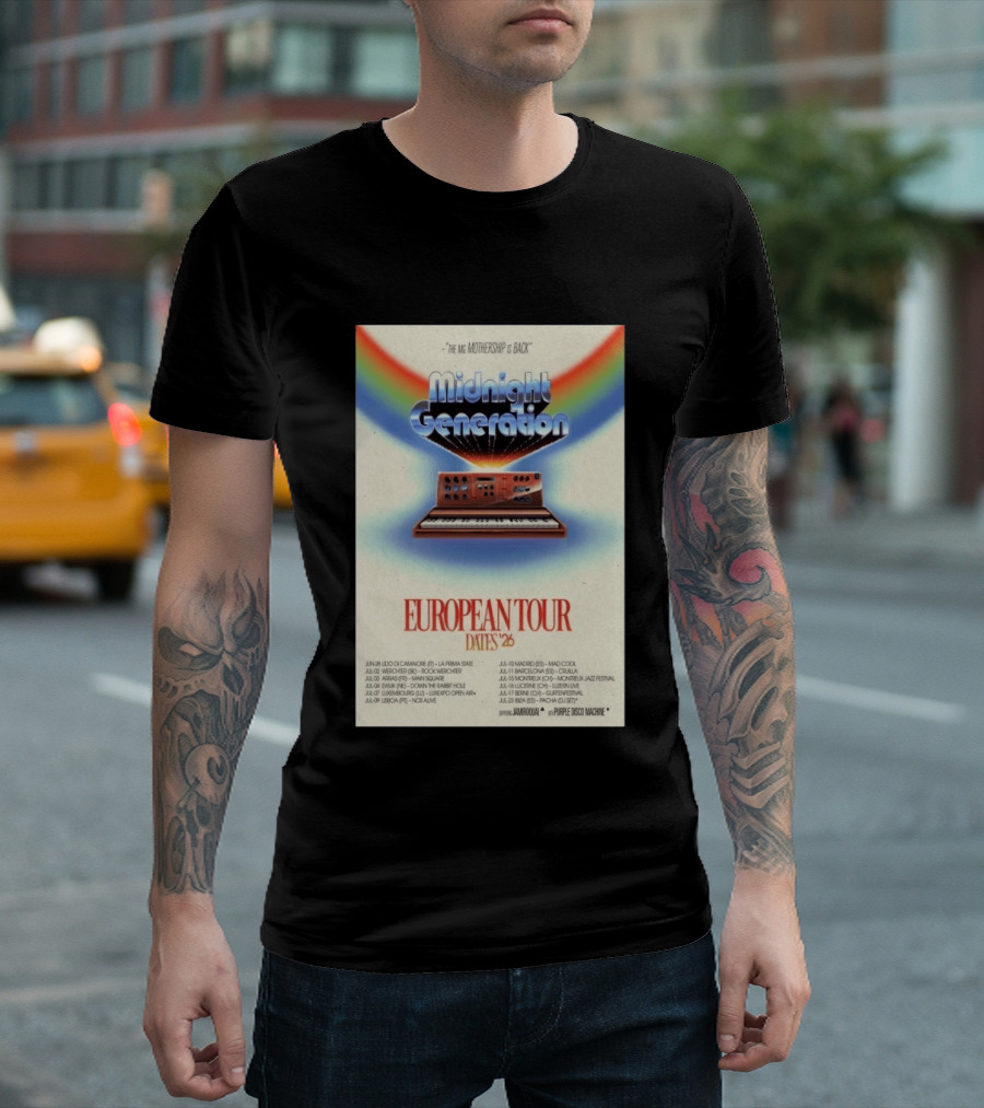 Midnight Generation European Tour Dates '26 Mothership Is Back Jamiroquai Purple Disco Machine T-Shirt