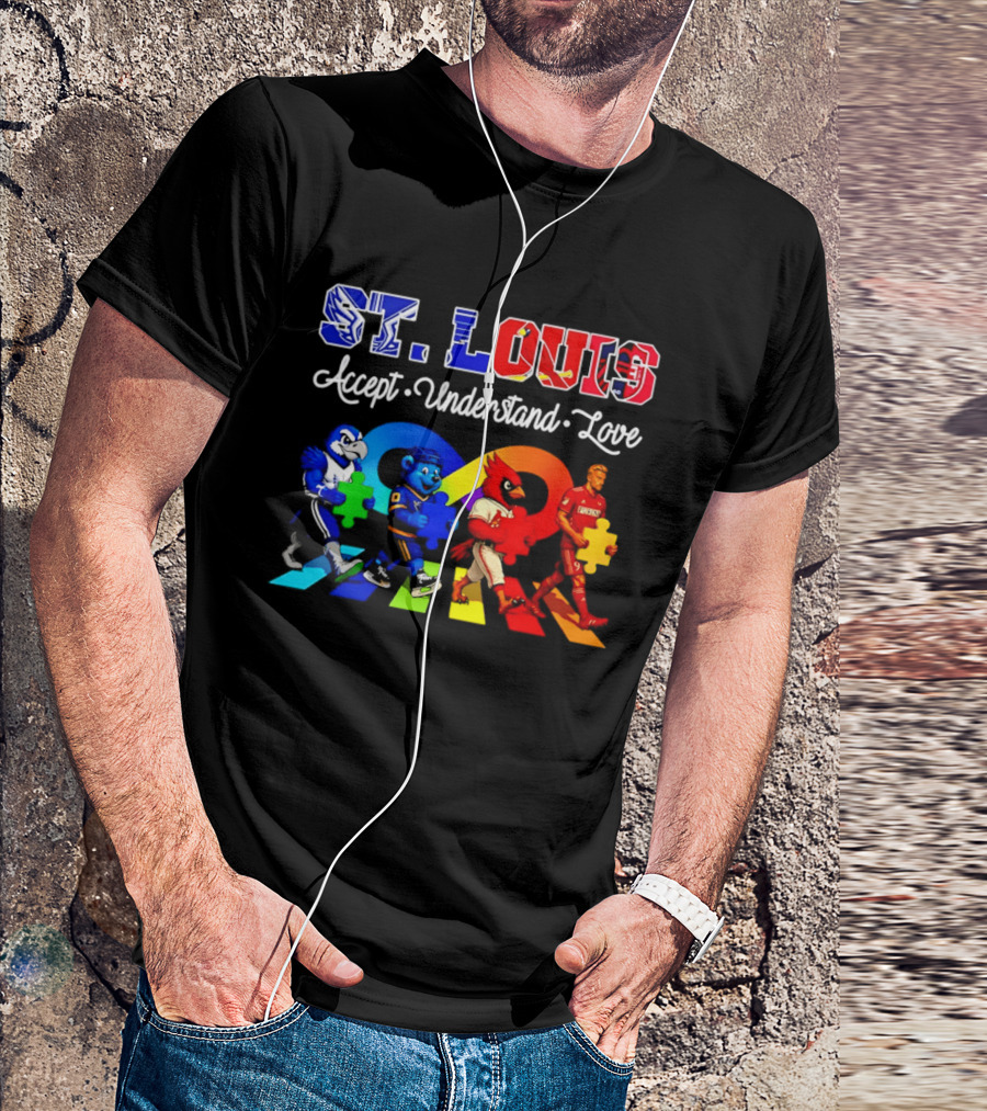 St Louis Accept Understand Love Autism Awareness Mascots Puzzle Pieces T-Shirt