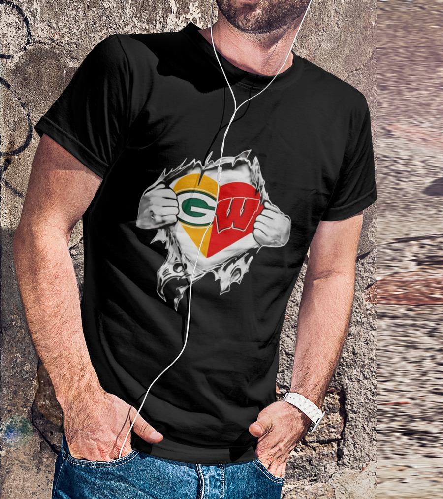 Packers Badgers Heart Logo Green Bay Wisconsin NCAA Fan Gear T-Shirt