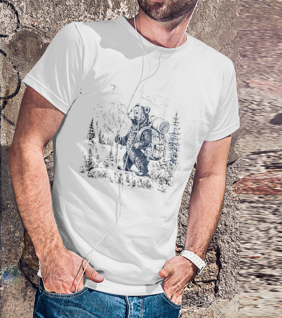 Hiking Bear Trekking Adventure With Backpack And Walking Stick Mountain Forest Scene T-Shirt