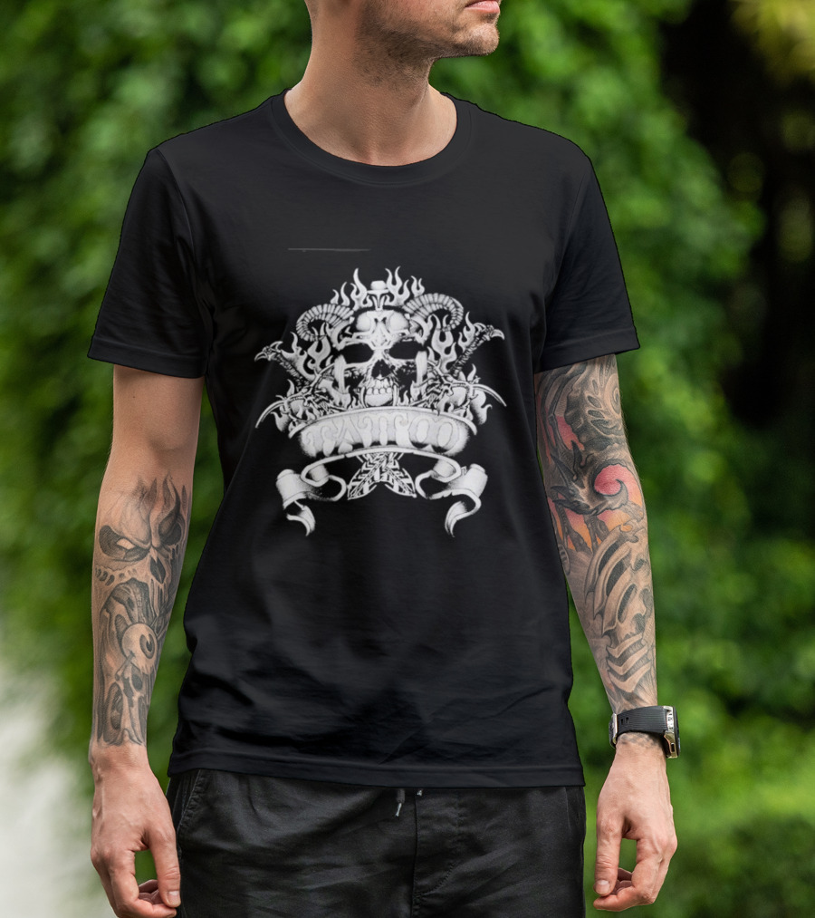 Skull With Horns And Flames Daggers Grim Reaper Tattoo T-Shirt