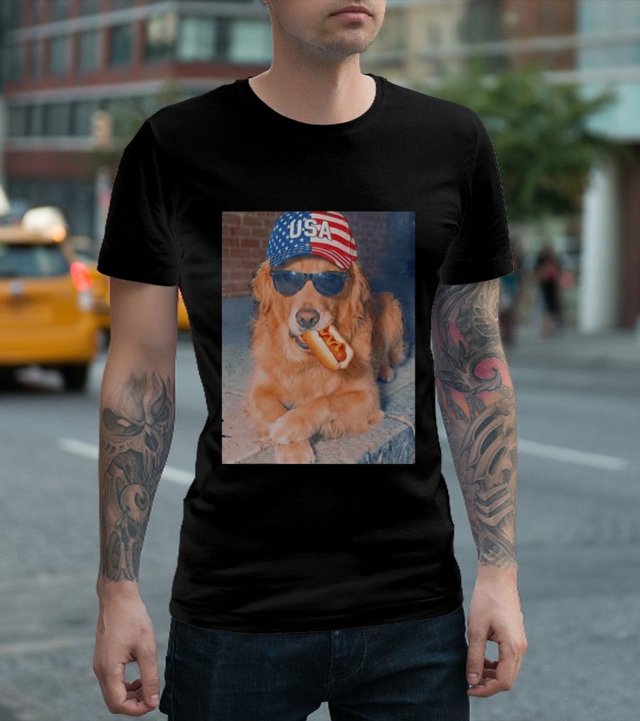 Golden Retriever With USA Hat Eating Hot Dog American Flag 4th Of July T-Shirt
