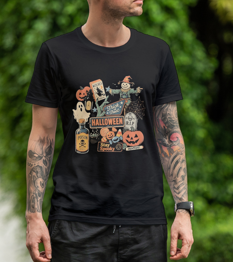 Halloween Trick Or Treat Stay Spooky Witches Brew Poison Nightmare R.I.P Ghost Pumpkins T-Shirt