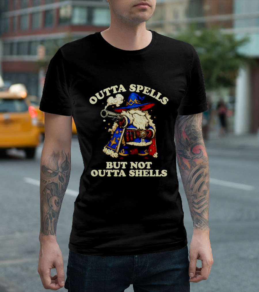 Outta Spells But Not Outta Shells Wizard With Shotgun Retro Magic Humor T-Shirt