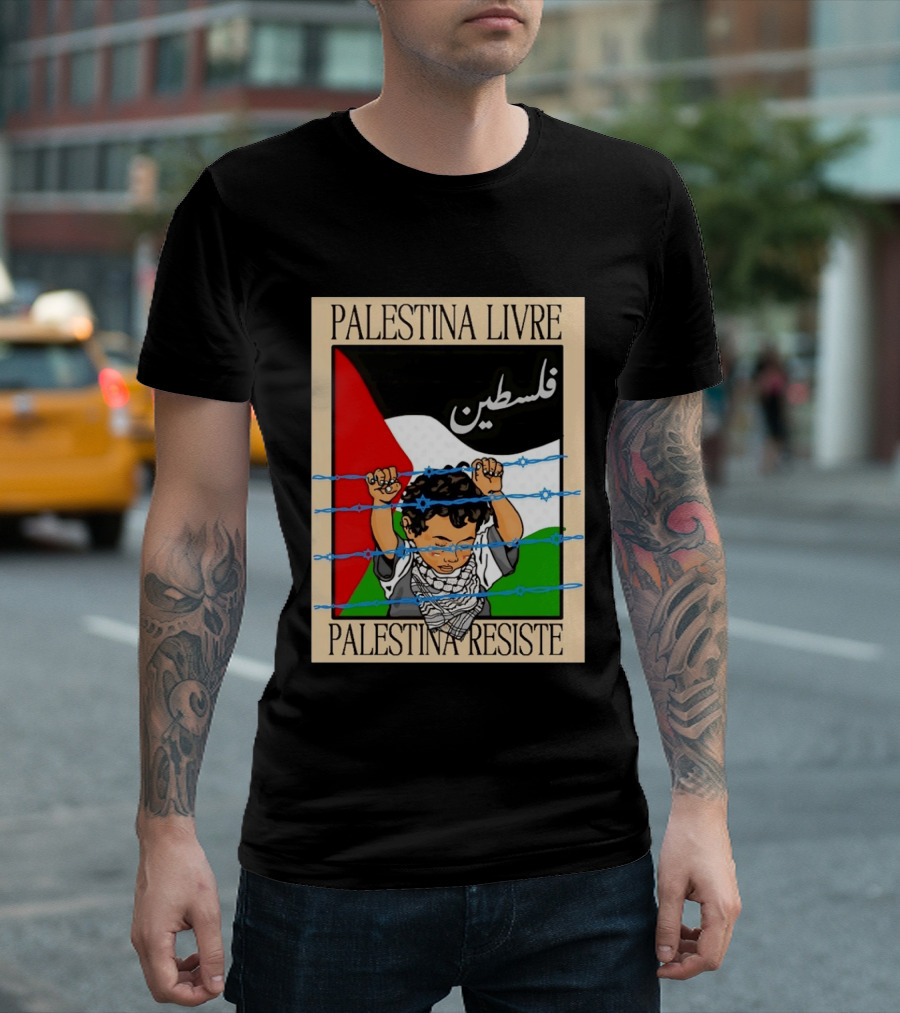 Palestina Livre Resistência Criança Frente Bandeira Arame Farpado T-Shirt
