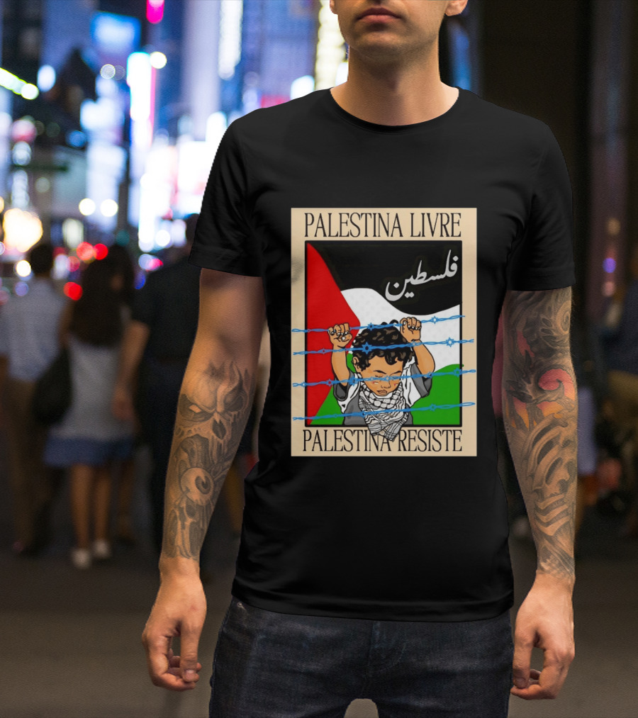 Palestina Livre Resistência Criança Frente Bandeira Arame Farpado T-Shirt