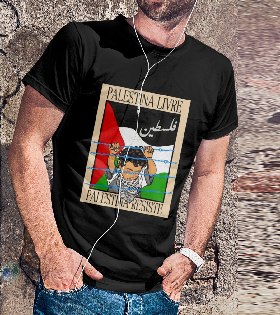 Palestina Livre Resistência Criança Frente Bandeira Arame Farpado T-Shirt