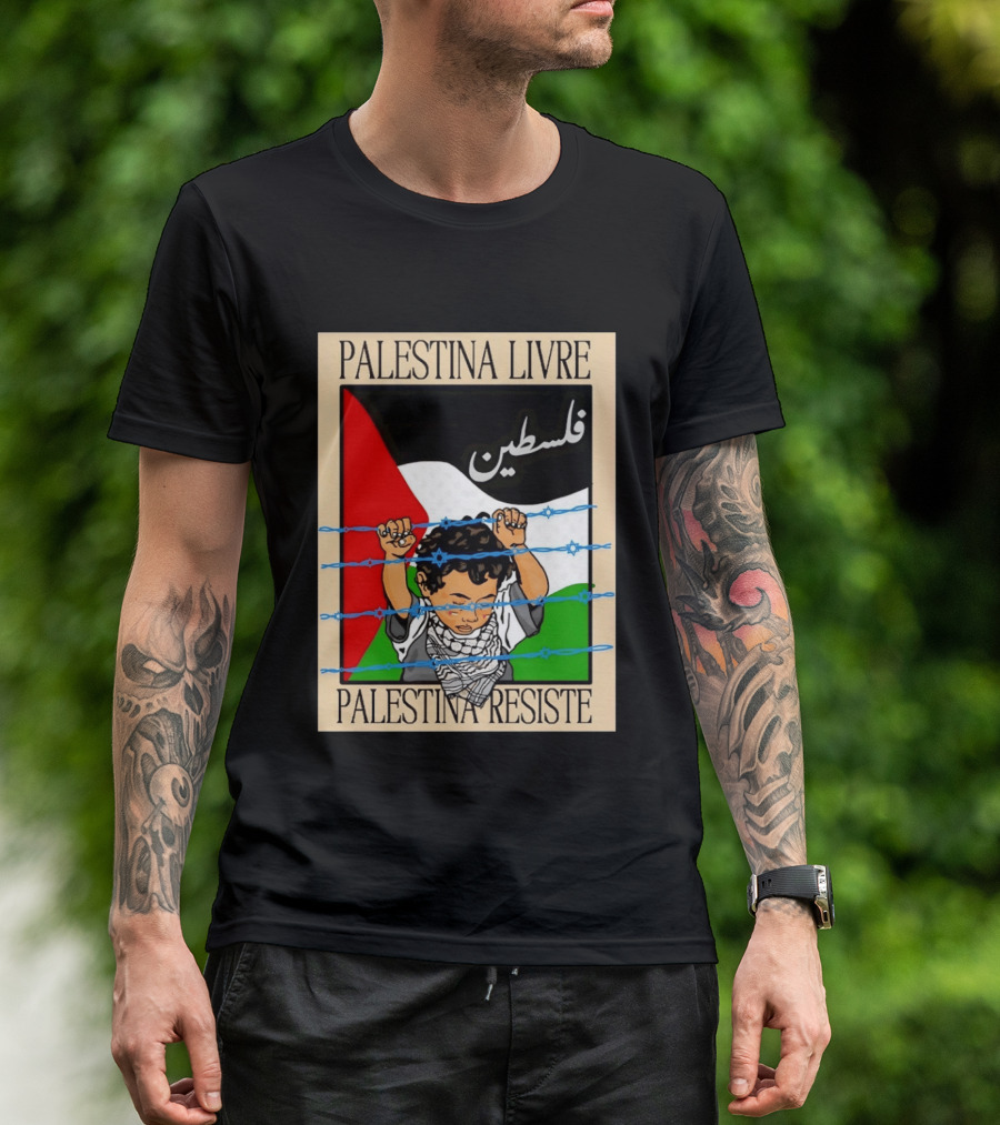 Palestina Livre Resistência Criança Frente Bandeira Arame Farpado T-Shirt