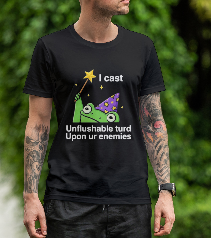I Cast Unflushable Turd Upon Ur Enemies Frog Wizard Wand Stars Purple Hat T-Shirt