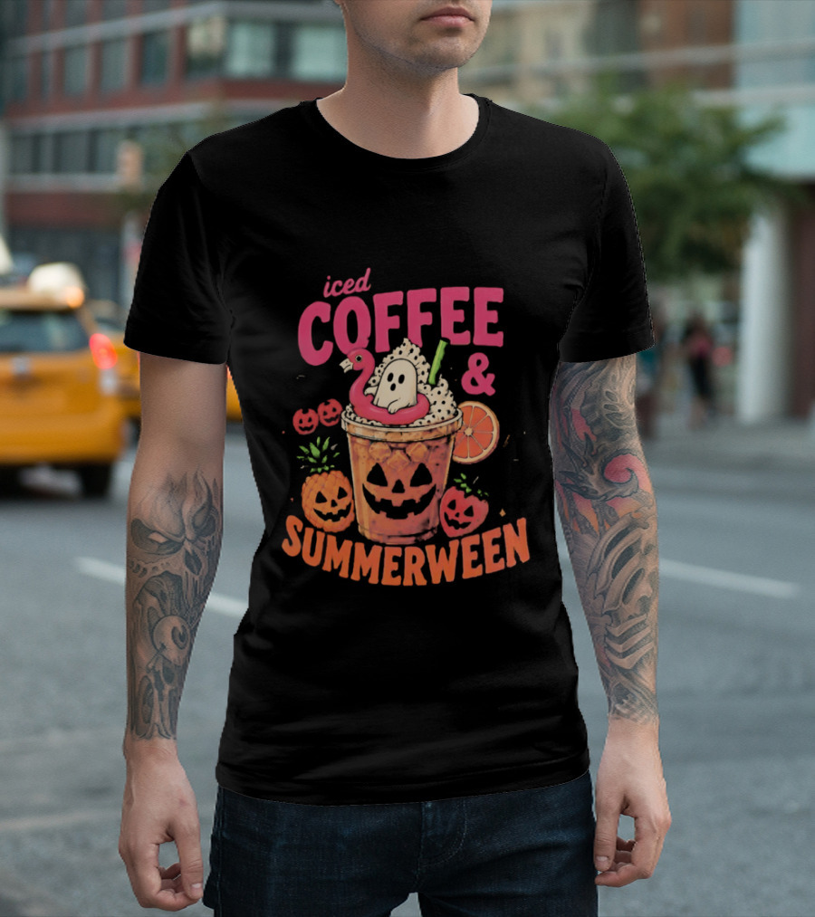 Iced Coffee And Summerween Spooky Tropical Fruit Halloween Jack O' Lantern Drink T-Shirt