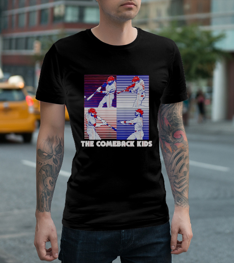 Philadelphia Phillies The Comeback Kids Striped Baseball Swinging Players T-Shirt