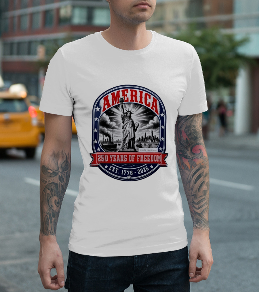 America 250 Years Of Freedom Est 1776 2026 Statue Of Liberty Skyline Steamship Stars T-Shirt