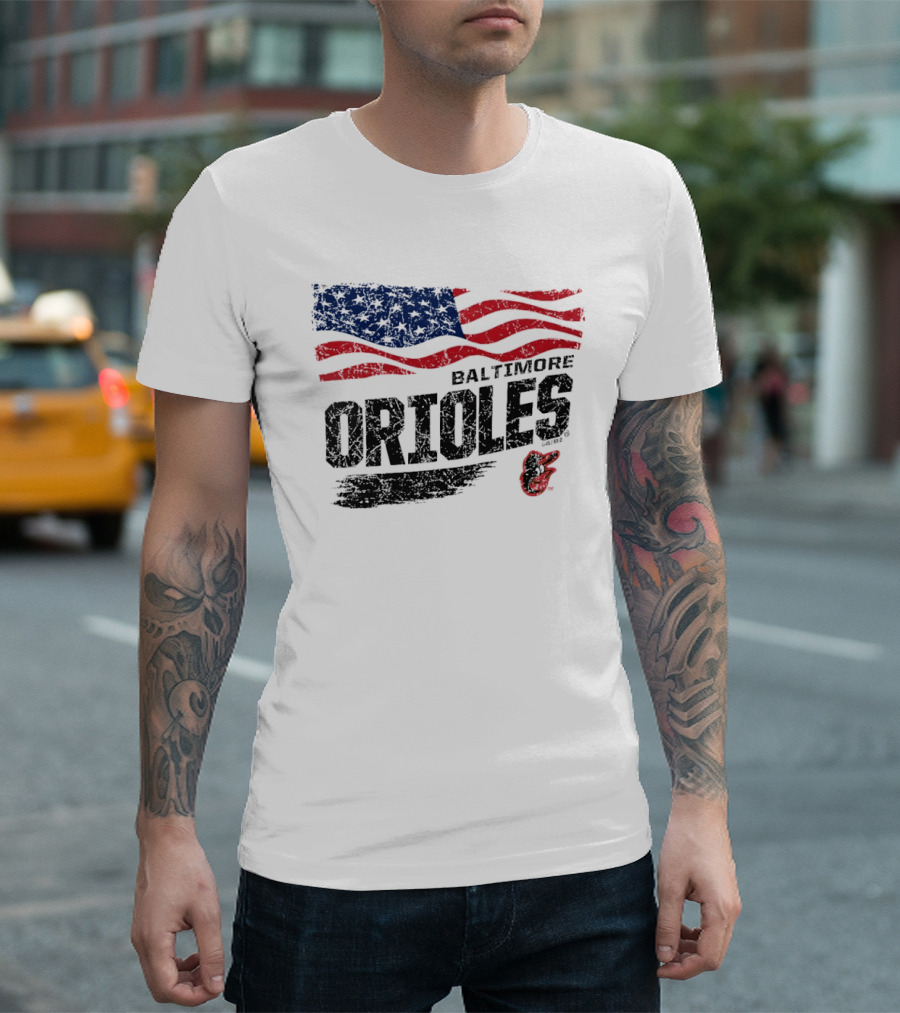 Baltimore Orioles 4th Of July Waving American Flag 250th Anniversary Celebration T-Shirt