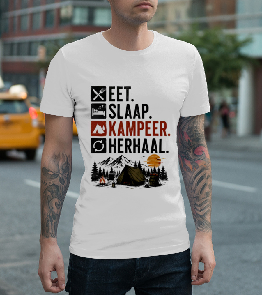 Eet Slaap Kampeer Herhaal Camping Tent Mountains Campfire Sunset T-Shirt