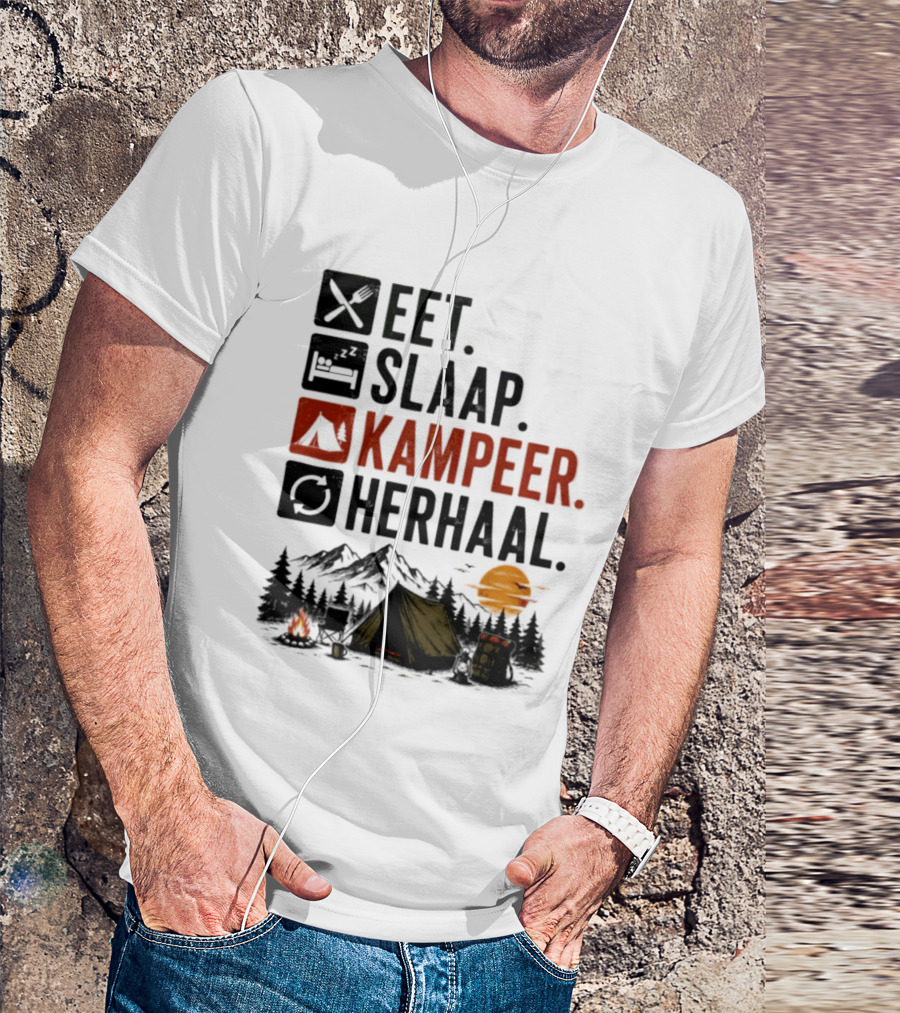 Eet Slaap Kampeer Herhaal Camping Tent Mountains Campfire Sunset T-Shirt