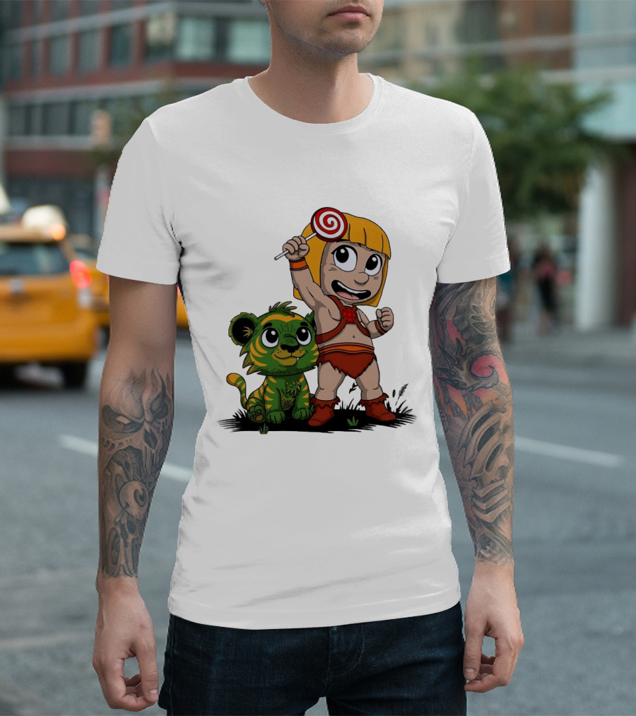 Jungle Kid Holding Lollipop With Playful Tiger Cub T-Shirt