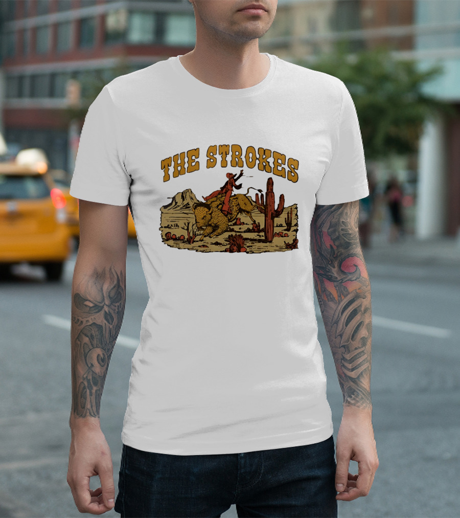 The Strokes Cowboy Riding Cheetah Desert Scene Classic Western T-Shirt