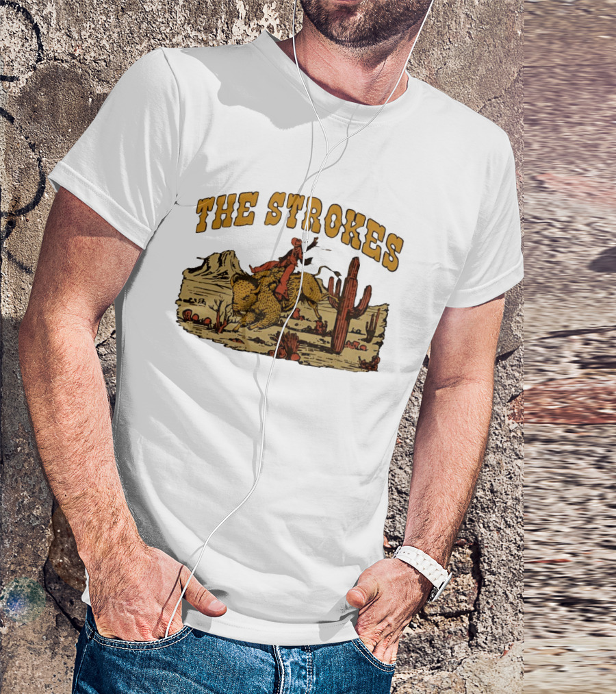The Strokes Cowboy Riding Cheetah Desert Scene Classic Western T-Shirt