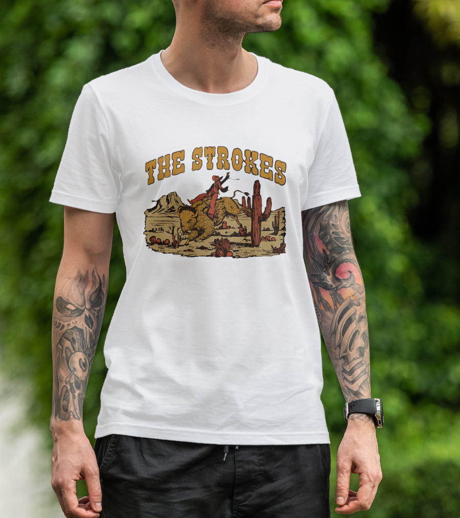 The Strokes Cowboy Riding Cheetah Desert Scene Classic Western T-Shirt