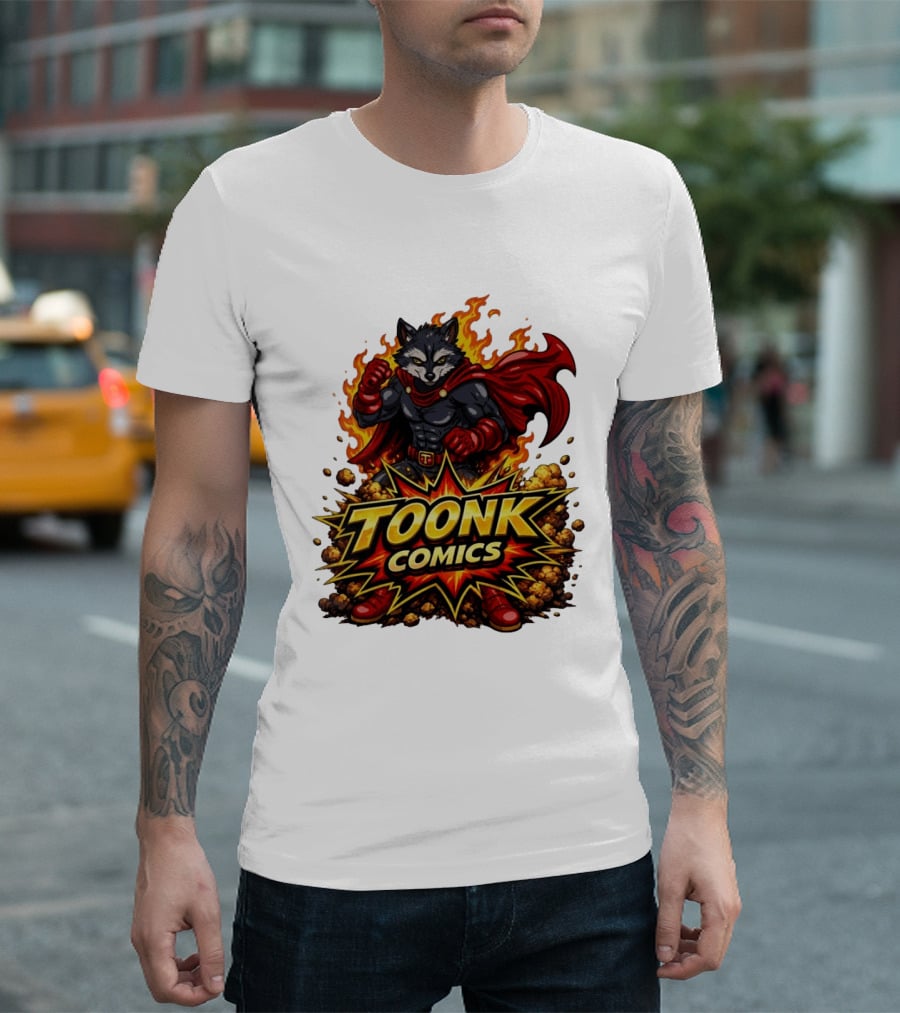 Toonk Comics Superhero Raccoon With Fiery Cape T-Shirt