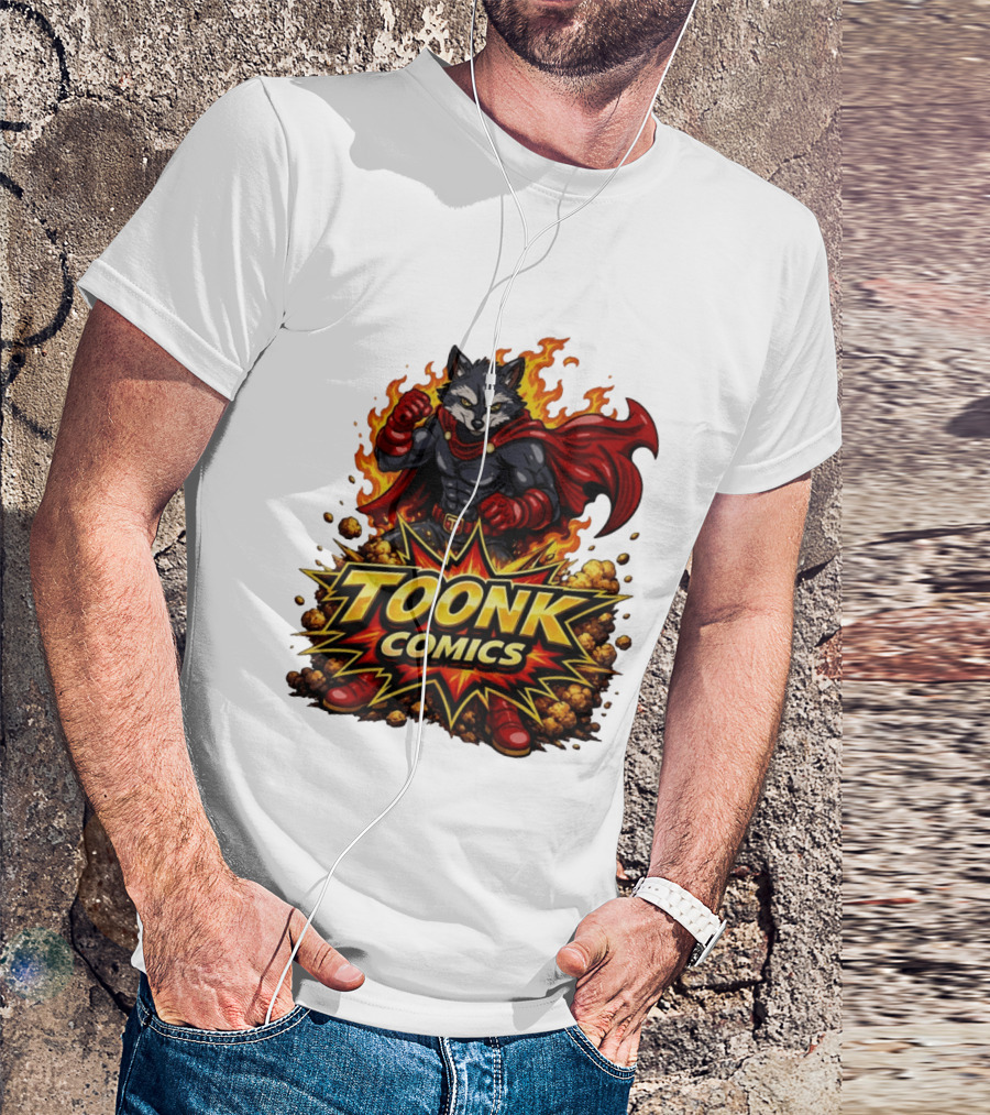 Toonk Comics Superhero Raccoon With Fiery Cape T-Shirt