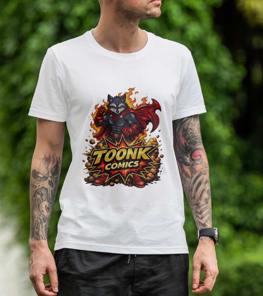 Toonk Comics Superhero Raccoon With Fiery Cape T-Shirt