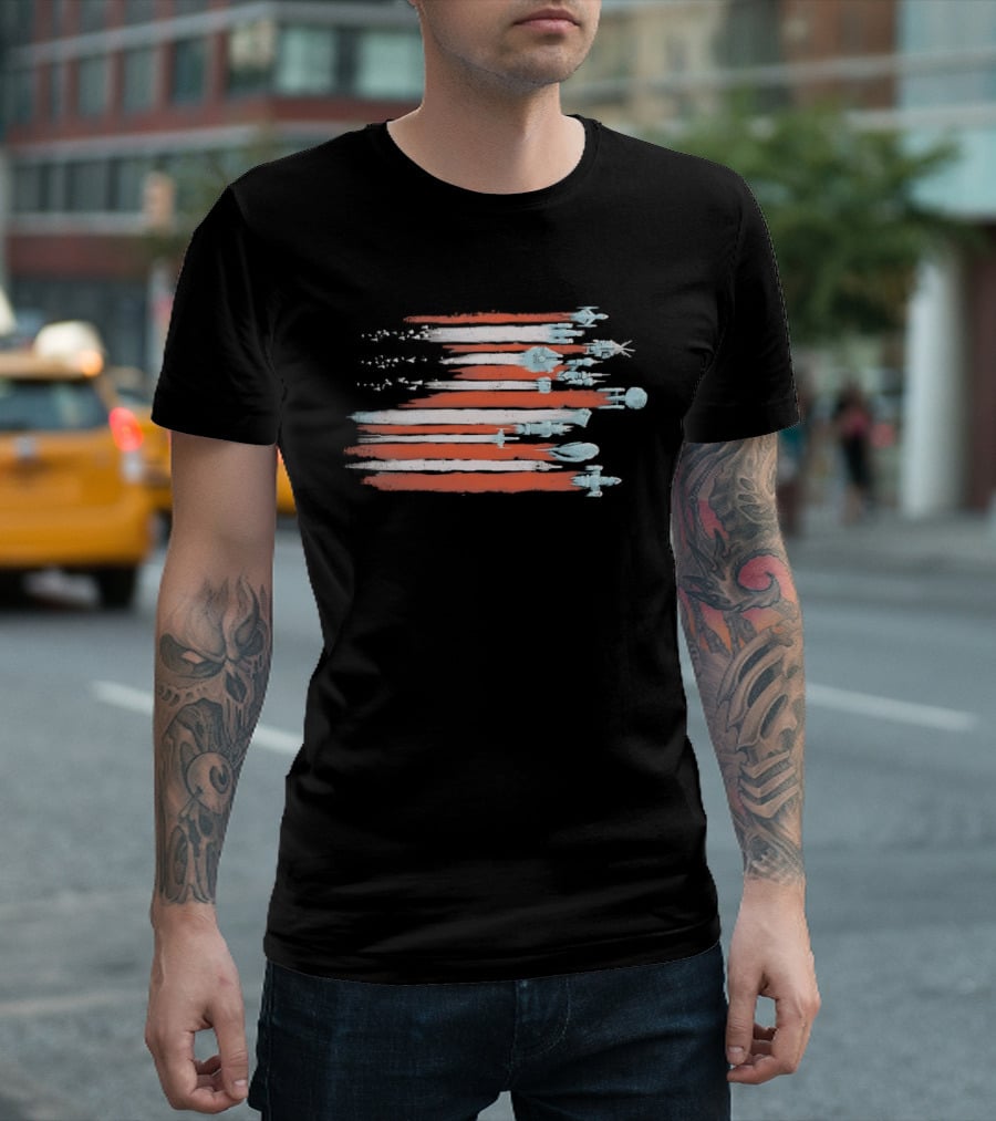 American Flag With Spacecraft Sci Fi T-Shirt