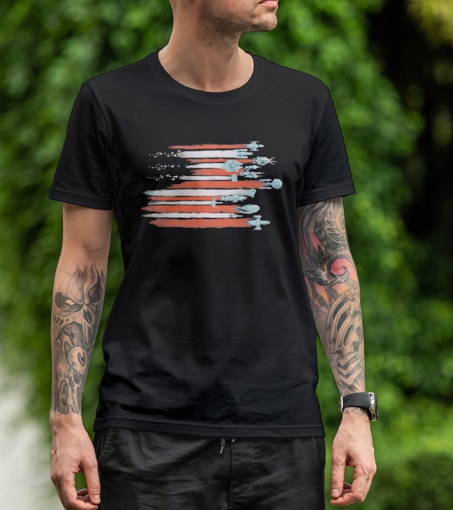 American Flag With Spacecraft Sci Fi T-Shirt