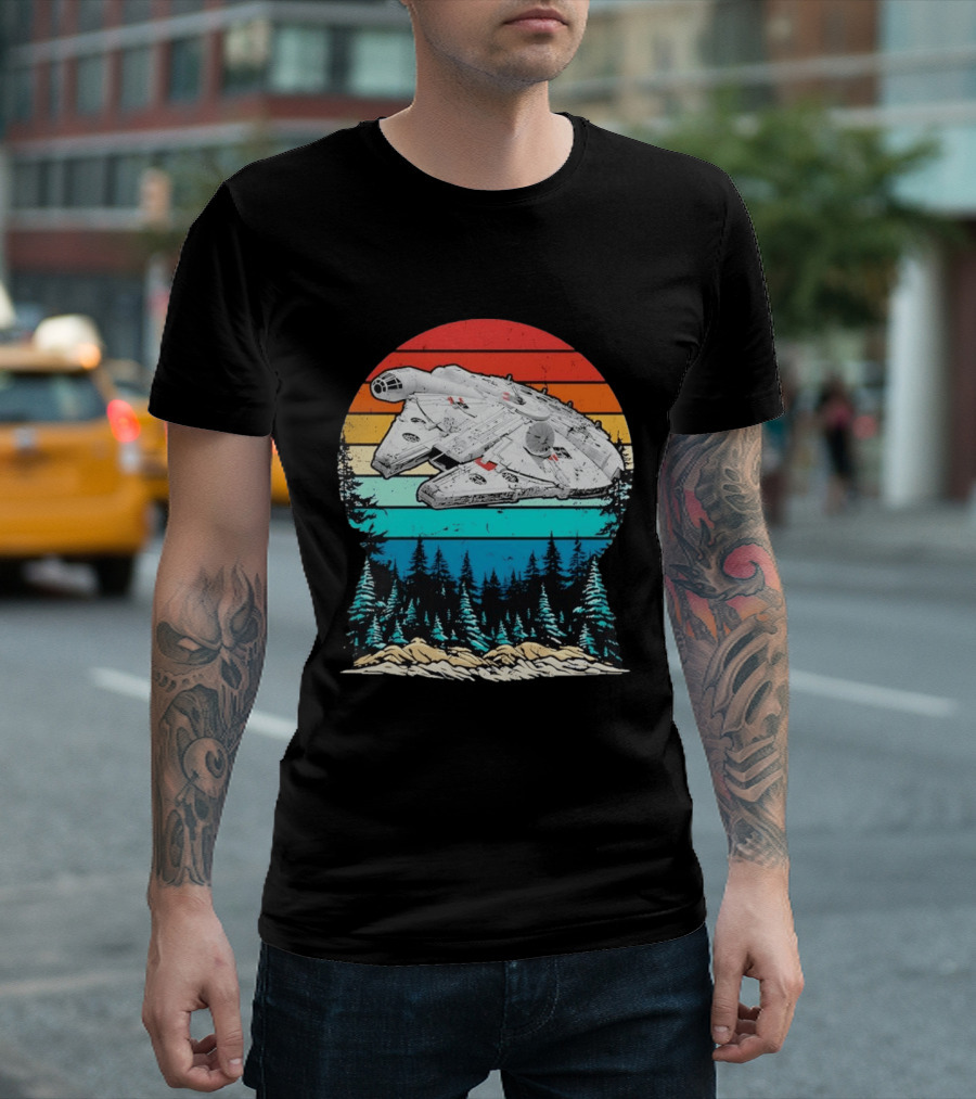 Millennium Falcon Endor Sunset Forest Scene T-Shirt