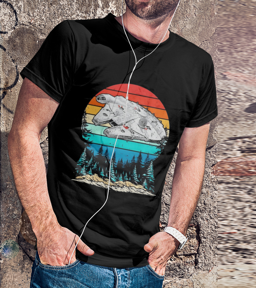 Millennium Falcon Endor Sunset Forest Scene T-Shirt