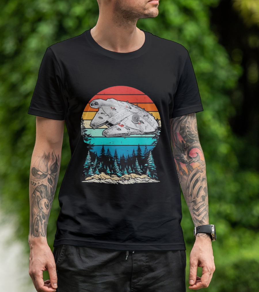 Millennium Falcon Endor Sunset Forest Scene T-Shirt