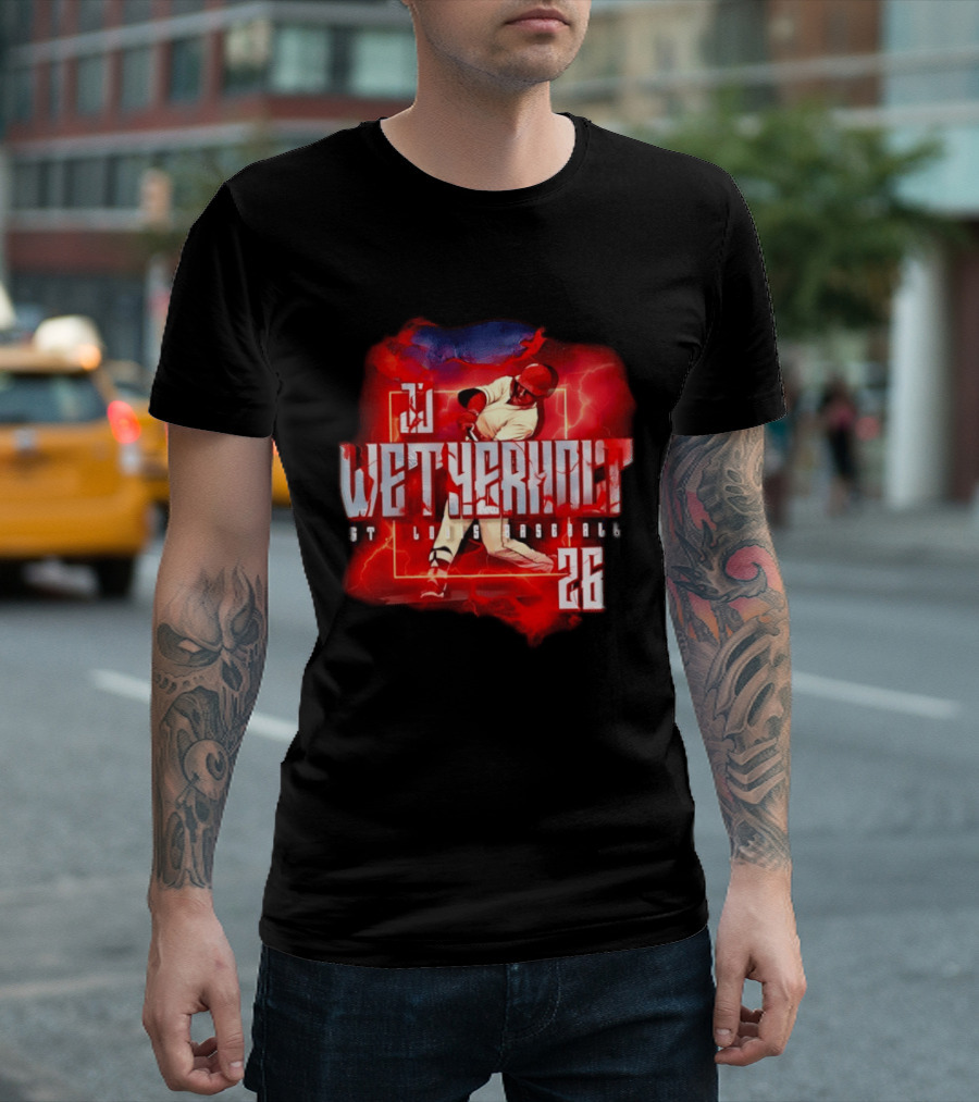 JJ Wetherholt 26 St. Louis Baseball Slugger Swing Lightning T-Shirt