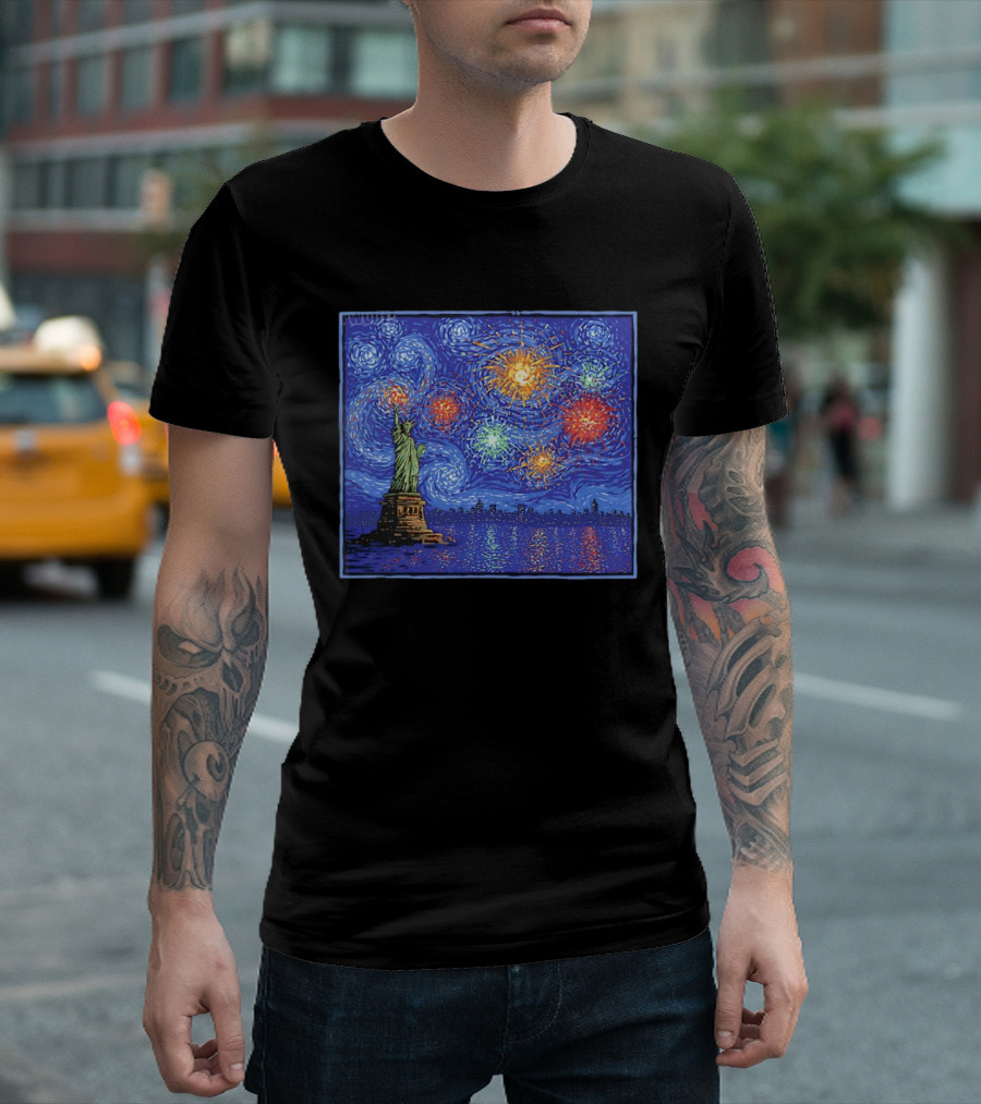 Fireworks Over Statue Of Liberty In Van Gogh Starry Night T-Shirt