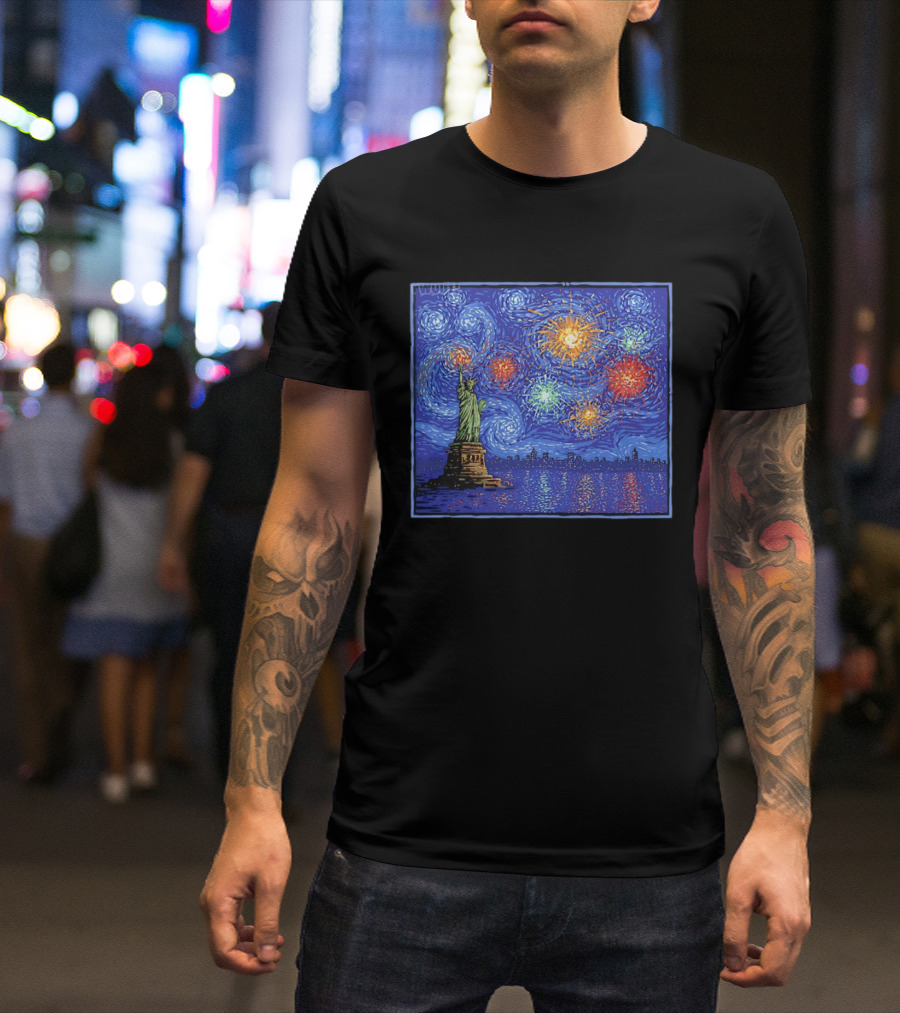 Fireworks Over Statue Of Liberty In Van Gogh Starry Night T-Shirt