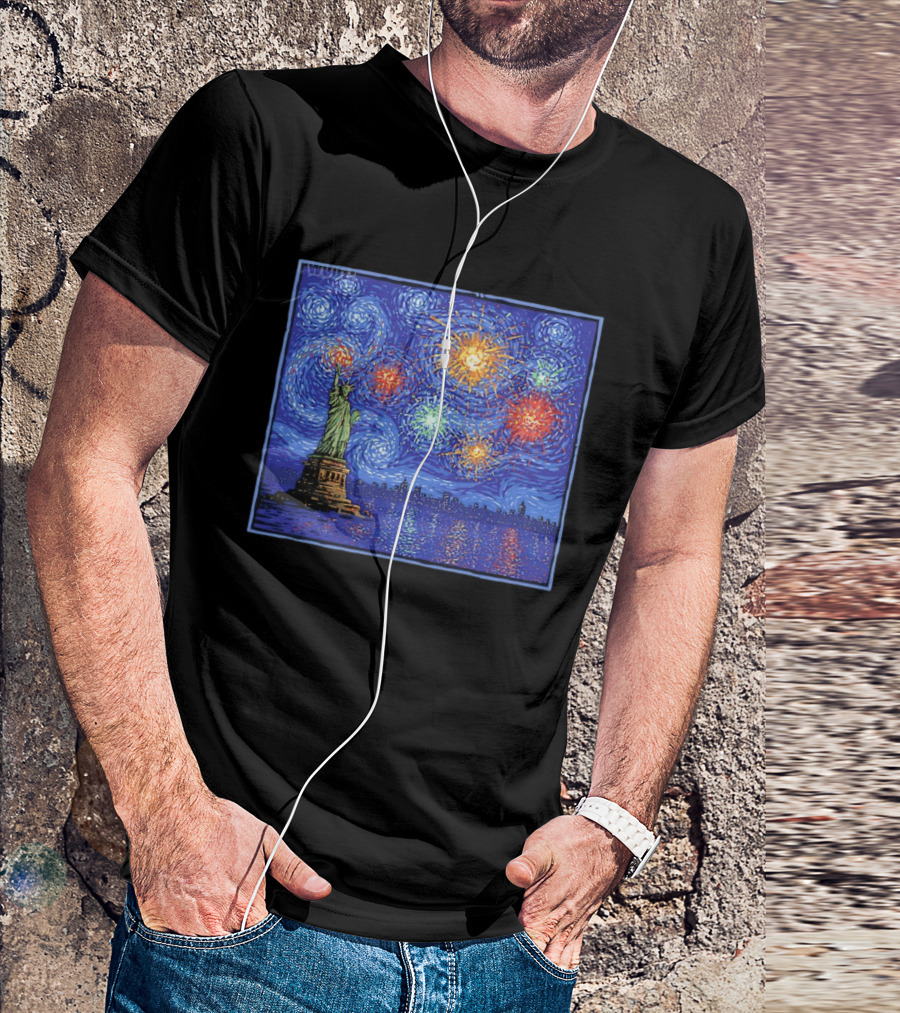 Fireworks Over Statue Of Liberty In Van Gogh Starry Night T-Shirt