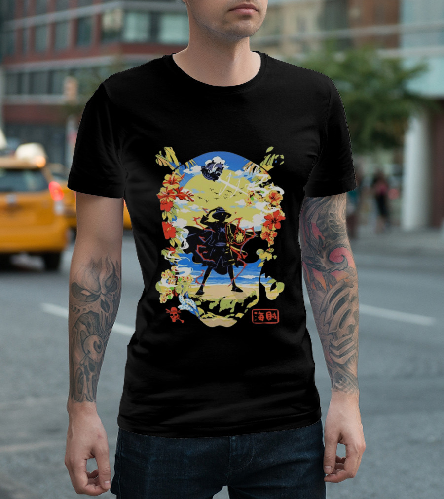 Monkey D Luffy One Piece Hat Pirate Beach Scene Floral Surrounding T-Shirt