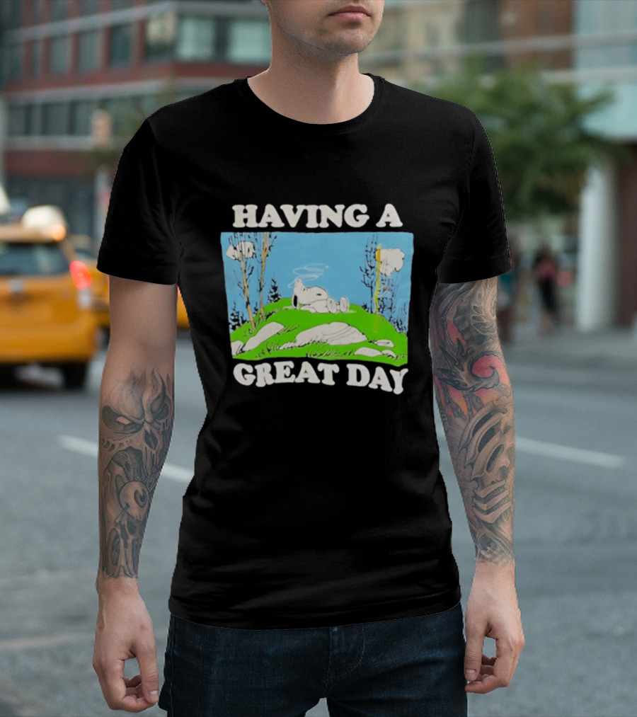Snoopy Having A Great Day Relaxing On The Green Hill With Blue Sky And Clouds T-Shirt