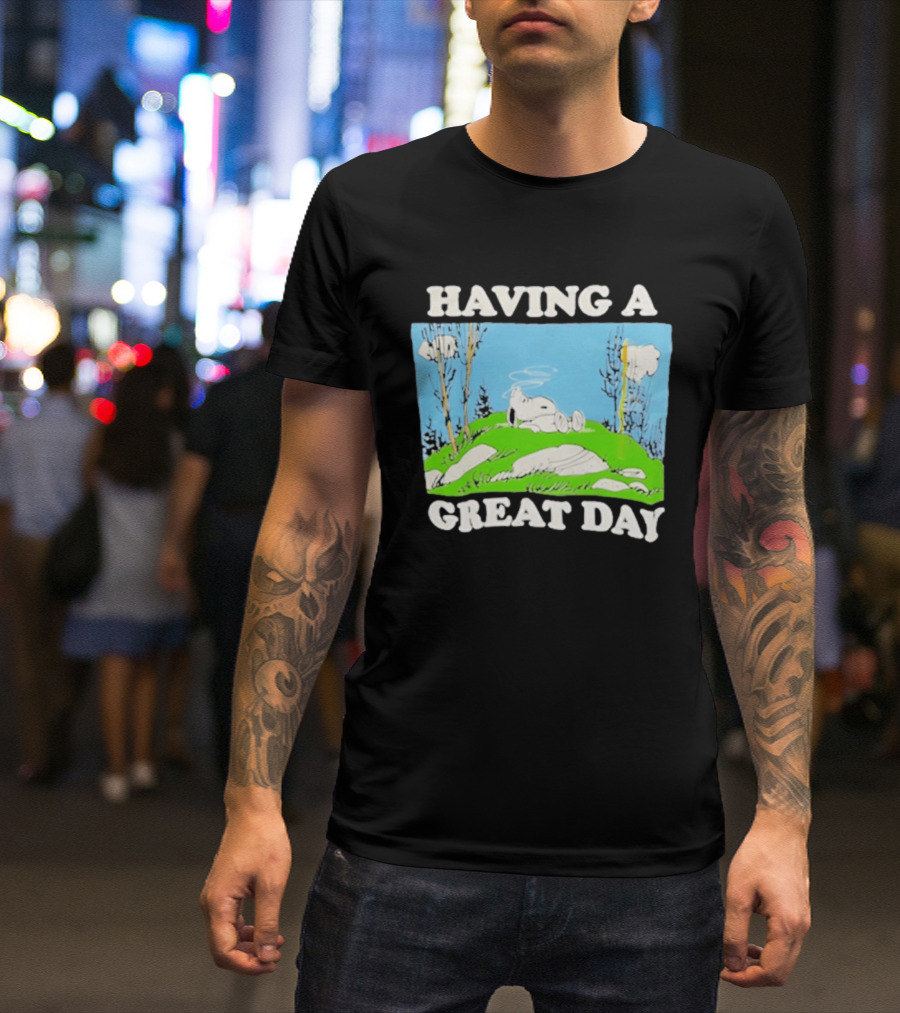 Snoopy Having A Great Day Relaxing On The Green Hill With Blue Sky And Clouds T-Shirt