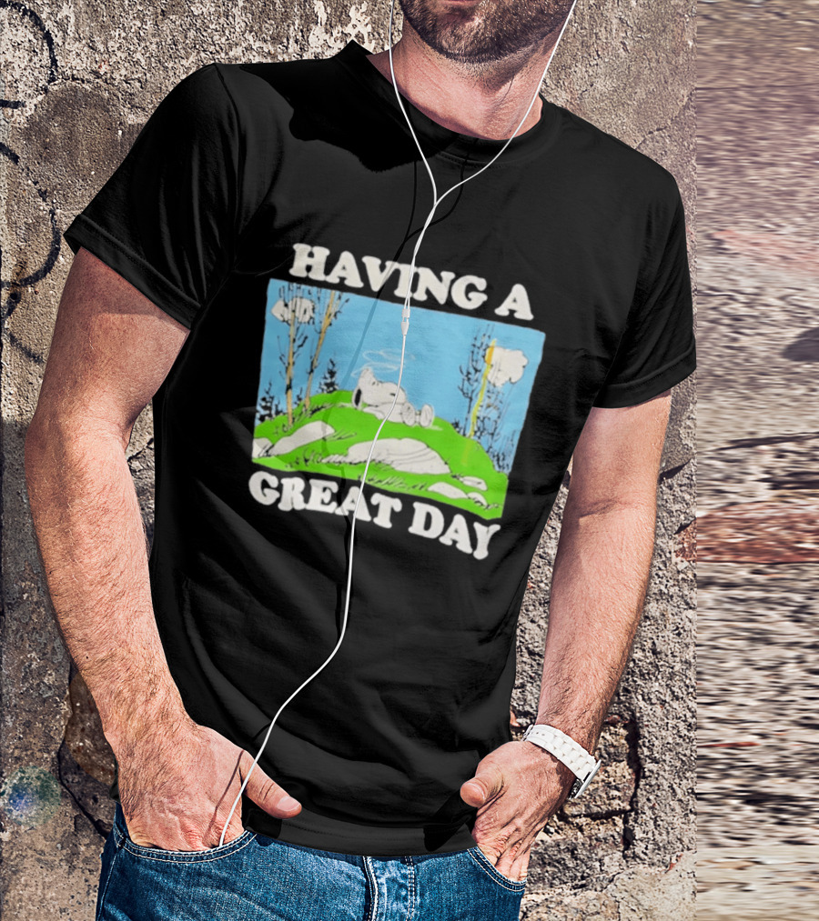 Snoopy Having A Great Day Relaxing On The Green Hill With Blue Sky And Clouds T-Shirt