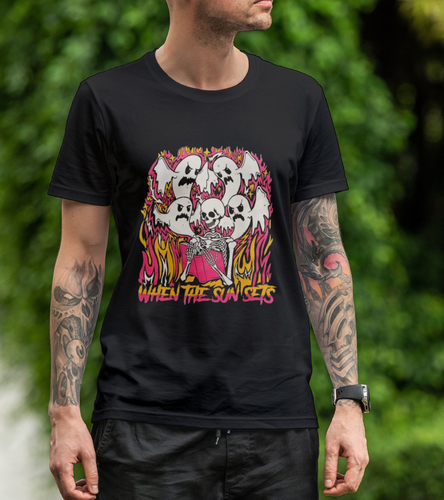When The Sun Sets Ghost And Skeleton Illustration With Vibrant Pink And Yellow Flames T-Shirt