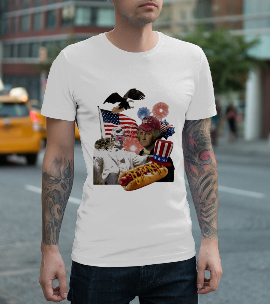 Merica Abraham Lincoln George Washington Hot Dog Eagle Fireworks Patriotic Celebration T-Shirt