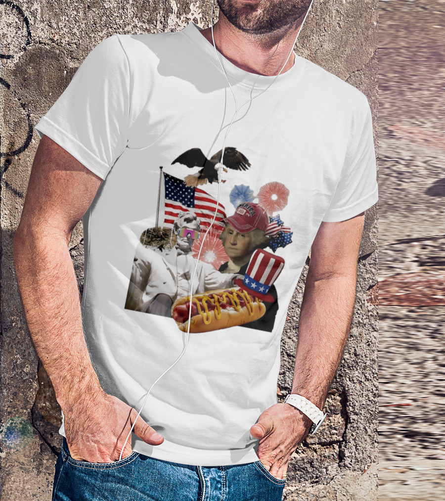 Merica Abraham Lincoln George Washington Hot Dog Eagle Fireworks Patriotic Celebration T-Shirt