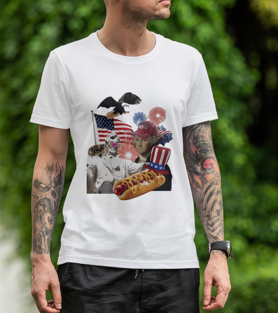 Merica Abraham Lincoln George Washington Hot Dog Eagle Fireworks Patriotic Celebration T-Shirt