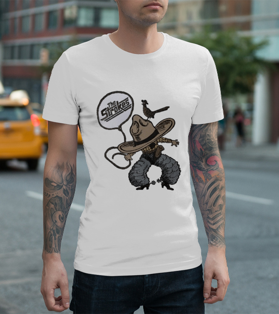 The Strokes Tour 2026 Illustrated Cowboy Holding Lasso With Bird And Cowboy Hat T-Shirt