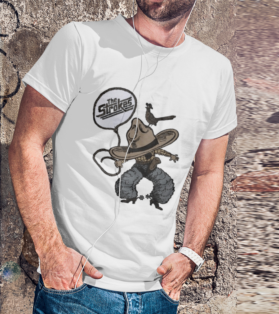 The Strokes Tour 2026 Illustrated Cowboy Holding Lasso With Bird And Cowboy Hat T-Shirt