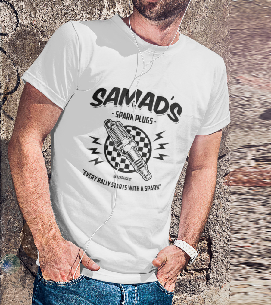Samad's Spark Plugs Every Rally Starts With A Spark Racing Checkered Spark Plug T-Shirt