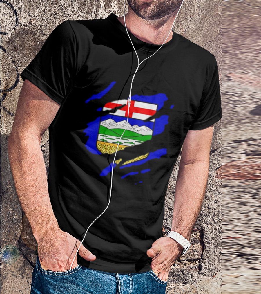 Alberta Coat Of Arms Ripped Effect Canada Flag Emblem Heritage Display T-Shirt