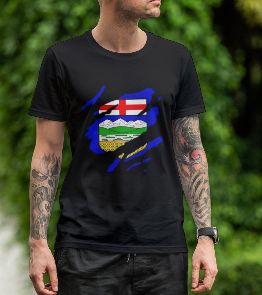 Alberta Coat Of Arms Ripped Effect Canada Flag Emblem Heritage Display T-Shirt