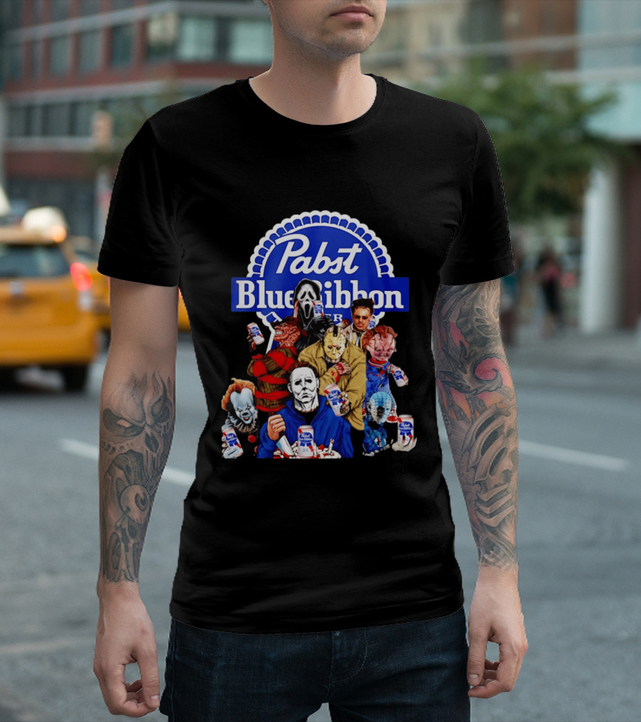 Pabst Blue Ribbon Horror Movie Characters Drinking Beer T-Shirt